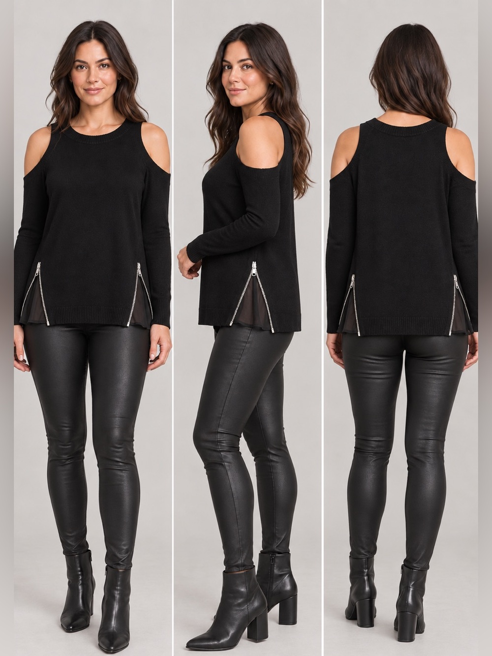 Ramy Brook Tasha Black Merino Wool Silk Cold Shoulder Zip Sweater XS